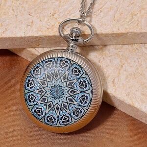 Strada Japanese Movement Black and Blue Flower Pattern Rotating Pocket Watch NIB